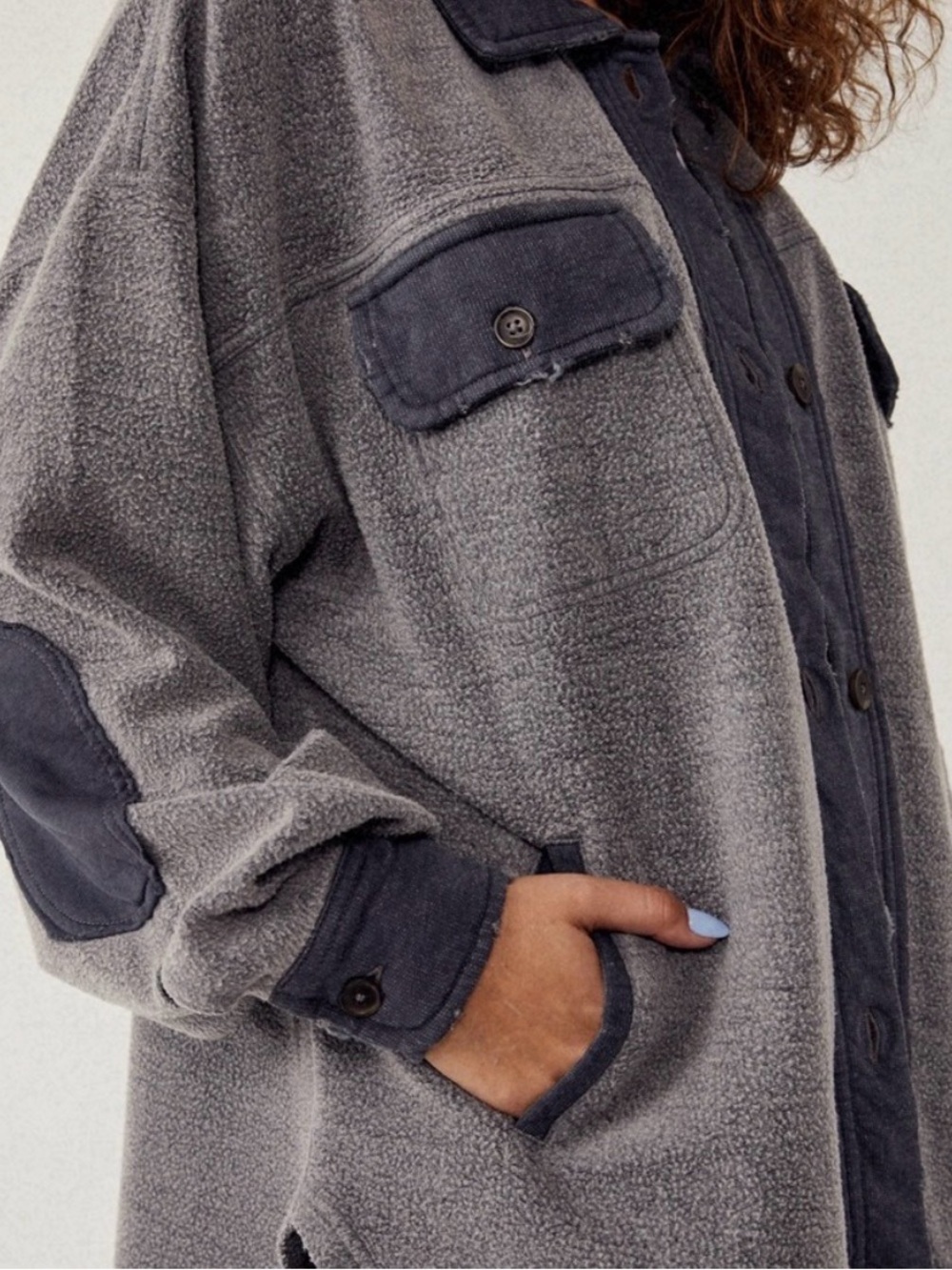 Free People Gray Teddy Shacket with Dark Trim - Picture 3 of 4